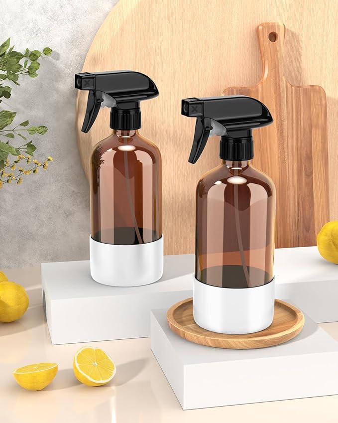 Bontip Glass Spray Bottle with Silicone Sleeve Protection, Amber Glass Spray Bottle Set for Window Cleaner Aromatherapy Facial Hydration Watering Flowers Hair Care 2 Pack/16 oz (White, 16 oz)