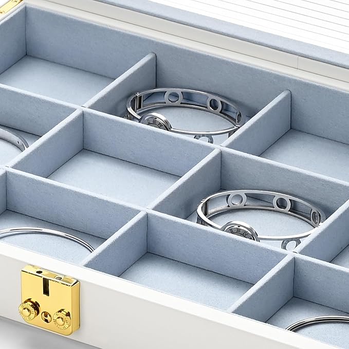 Oirlv White 12 Gird Luxury Leather Jewelry Organizer Tray with Clear Lid Lockable Jewelry Box Bangle Holder Box for Women (Blue Interior) 12 Grid