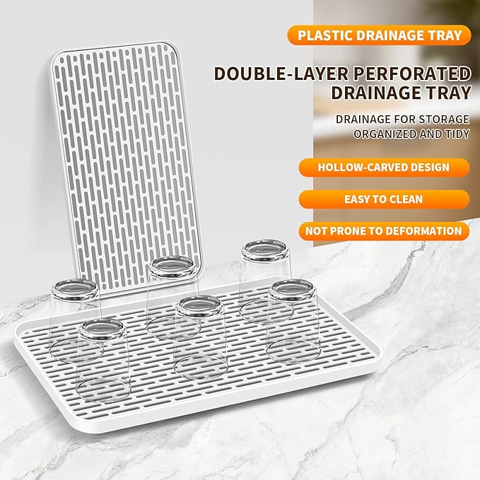 Reginsnow Plastics Drain Tray, Cup & Dish Drying Rack, Drain Board 2 Tier Non Slip Serving Tray with Drainboard Perfect for Sink, Coffee Table, Outdoor (12.2 x 7 x 0.98 in)