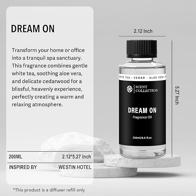 Luxury Hotel Scent Dream On Diffuser Oil Waterless Essential Aromatherapy for Cold Air & Car Diffusers – Long Lasting Refill for Large Room & Home - Non Toxic, Signature White Tea (200ml/6.76Fl oz)