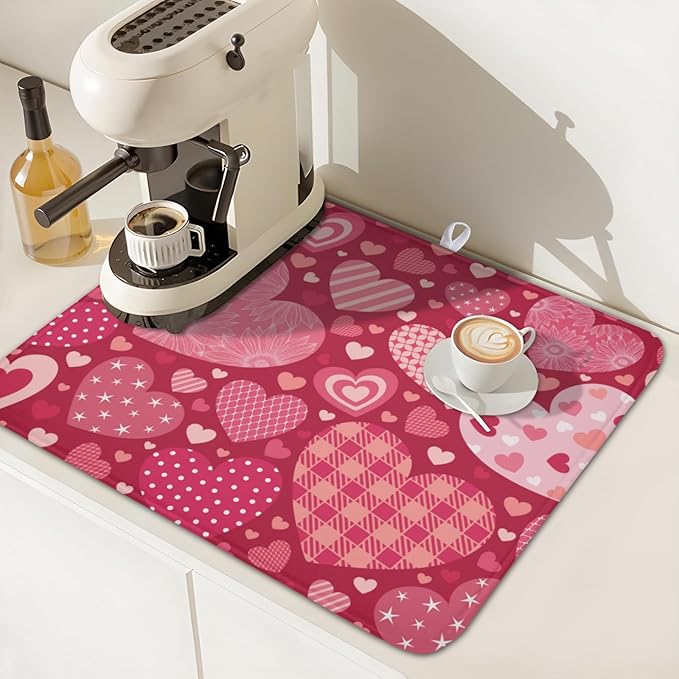 ABSOP Valentine's Day Dish Drying Mat 16 x 18 Inch Heart Shaped Pattern Dish Drying Pad Absorbent Microfiber Mats for Red Dish Rack Pad for Kitchen Counter Coffee Bar Decor