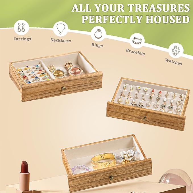 Jewelry Box Organizer, Rustic Wooden Jewelry Boxes for Women Girls, Large Storage Earring Holder Organizer Display for Earrings Necklaces Rings Bracelets, Jewelry Case as Gifts for Her