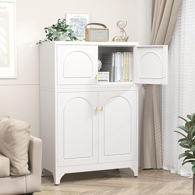 Metal Storage Cabinet with 2 Doors, 48" H White Sideboard Cabinet, Small Kitchen Pantry with Adjustable Shelf, Coffee Bar Cabinets, Storage Cabinets for Kitchen, Pantry, Living Room, Office