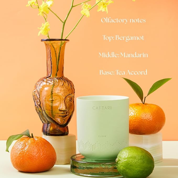 CAFTARI Luxury Aromatherapy Candle | Bergamot, Mandarin & Tea Accord Scented | 60 Hour Burn | Clean Coconut Soy Wax | Vegan, Gift-Ready Candle for Uplifted Mood, Energy & Home Spa Feel | Elixir