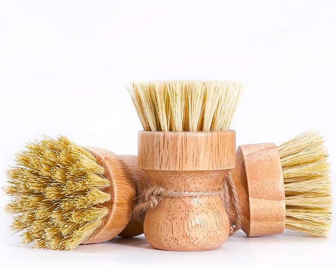 Diahom Bamboo Dish Brush Scrubber 3 Pack for Cleaning Pot Pans Hanging Rope Kitchen Dishwashing
