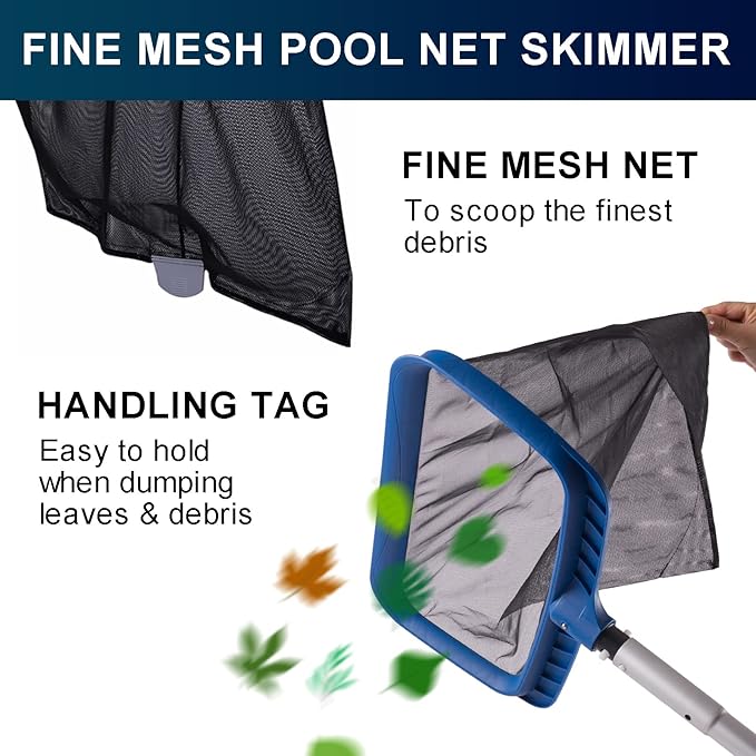 Fine Mesh Pool Net & Brush Head Combo - Sturdy Skimmer with 17.5" Professional Brushes for Pool Wall Cleaning