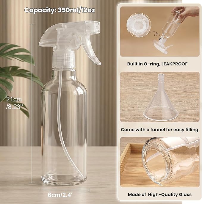 Hethyo Glass Spray Bottles 12oz Empty Spray Bottle Mist/Stream Spraying Small Refillable Containers for Hair Care, Cleaning Solutions, Plants, Essential Oils 2 Pack (Clear, 12oz)