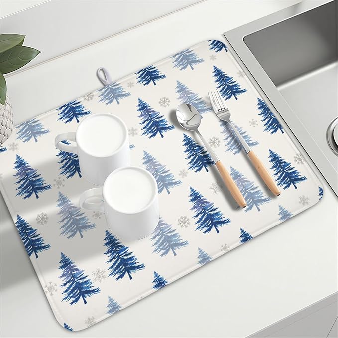 ABSOP Winter Dish Drying Mat 18 x 24 Inch Blue Tree Dish Drying Pad Absorbent Microfiber Mats for Snowflake Dish Rack Pad for Holiday Kitchen Counter Coffee Bar Decor
