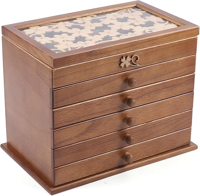 Eapmic Extra Large Four-Leaf Carved 6 Layers Wooden Jewelry Box Jewelry Case Cabinet Armoire Ring Necklacel Gift Storage Box Organizer (Brown Style 1)
