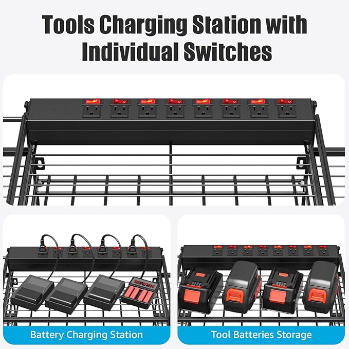 CCCEI Black Power Tool Organizer Wall Mount, Large Tools and Battery Storage Rack Charging Station Individual Switches. Drills Holder, Garage Utility Shelves with 6FT Power Strip. Gift for Men.