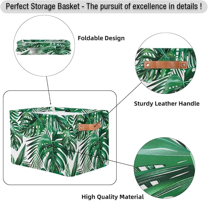 Tropical Palm Leaves Storage Basket for Shelves, Storage Bins with Handles, Collapsible Basket for Organizing, Closet Toy Baskets for Nursery Room, 15x11x9.5 in, Canvas, Green Monstera Leaf
