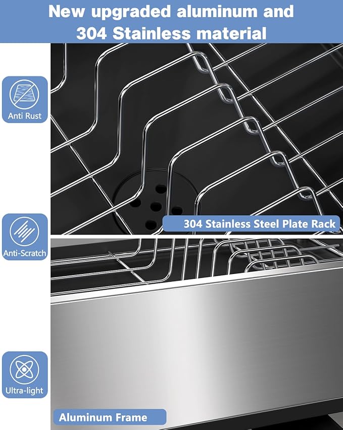 LIONONLY Dish Drying Rack, Thicker Premium Aluminum Frame and 304 Stainless Steel Plate Rack for Kitchen Counter, Automatic Drainage Spout, Dish Drainer & Drainboard Set with Utensil Holder, Black