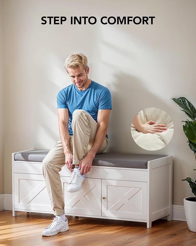 Amada Shoe Storage Bench, Entryway Bench with Cushioned Seat & Lift Top Storage, 3 Doors, Adjustable Shelf, 300 lbs Capacity, Bench with Shoe Rack for Entryway, Bedroom, Living Room, White