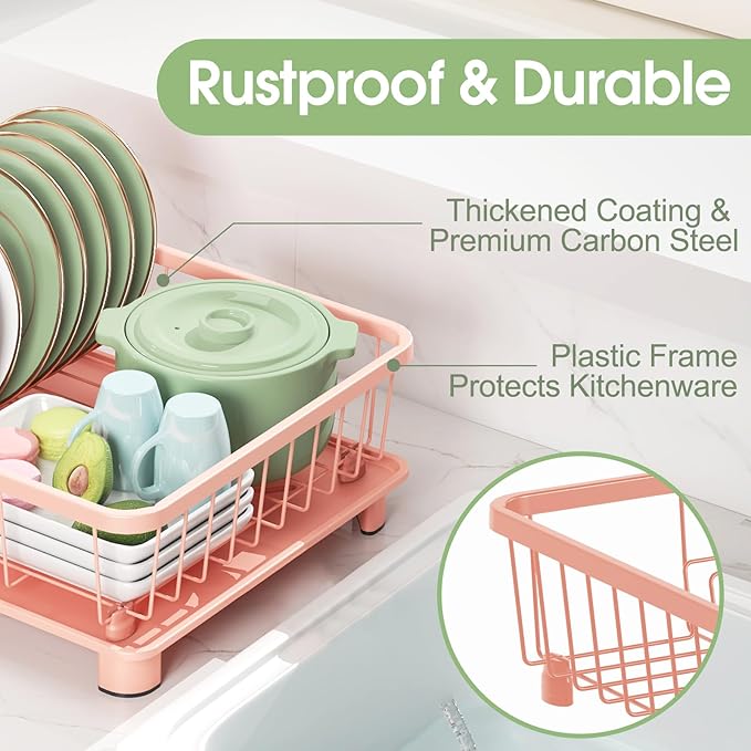 Hiviweer Pink Dish Drying Rack - Space-Saving Dish Rack,Dish Racks for Kitchen Counter with Drainboard, Birthday Christmas Day Mothers Day Thanksgiving Gifts for Mom Grandma Wife Kitchen Enthusiasts