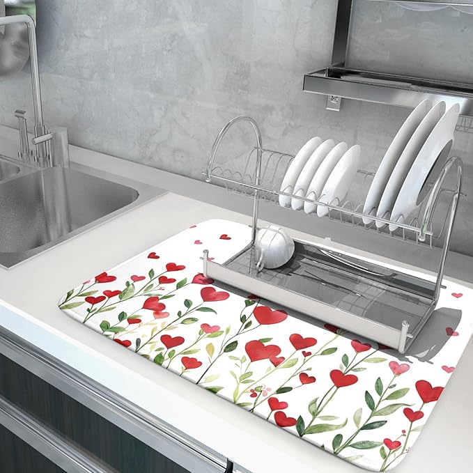 Valentines Day Dish Drying Mat for Kitchen Counter 24x18 Inch Green Red Heart Drying Mat with Absorbent Reversible Microfiber Holiday Love Dish Drainer Mats Rack Pad for Coffee Countertop Protector