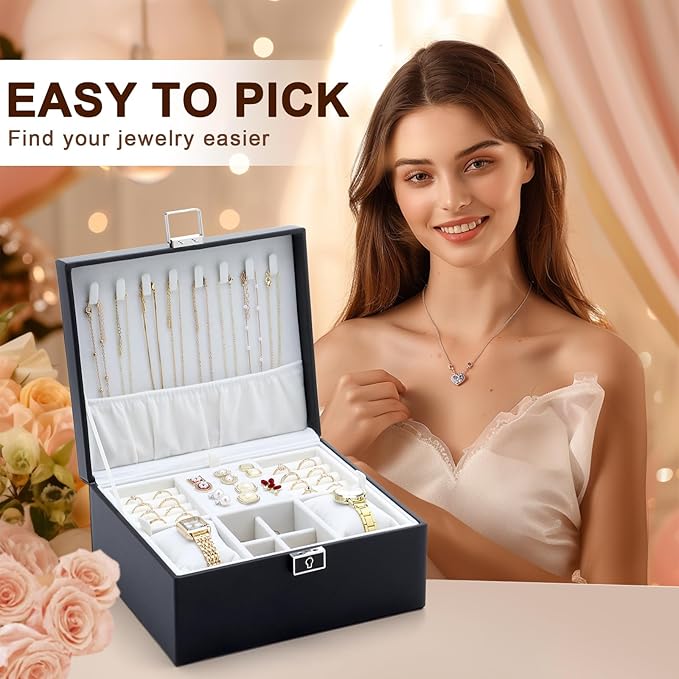 Jewelry Organizer Boxes for Women,Travel Jewelry Case, 2 Layers Removable Jewelry Box,Storage for Necklace, Bracelet, Earring,Rings,Jewelry Box Gifts for Women Girls