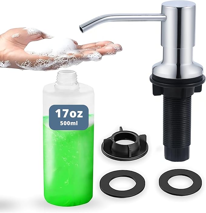 SBEN Built-in Kitchen Sink Soap or Lotion Dispenser Set, Stainless Steel, Chrome Pump, 17 oz PET Bottle, Durable ABS Head, 360° Rotation (Chrome)