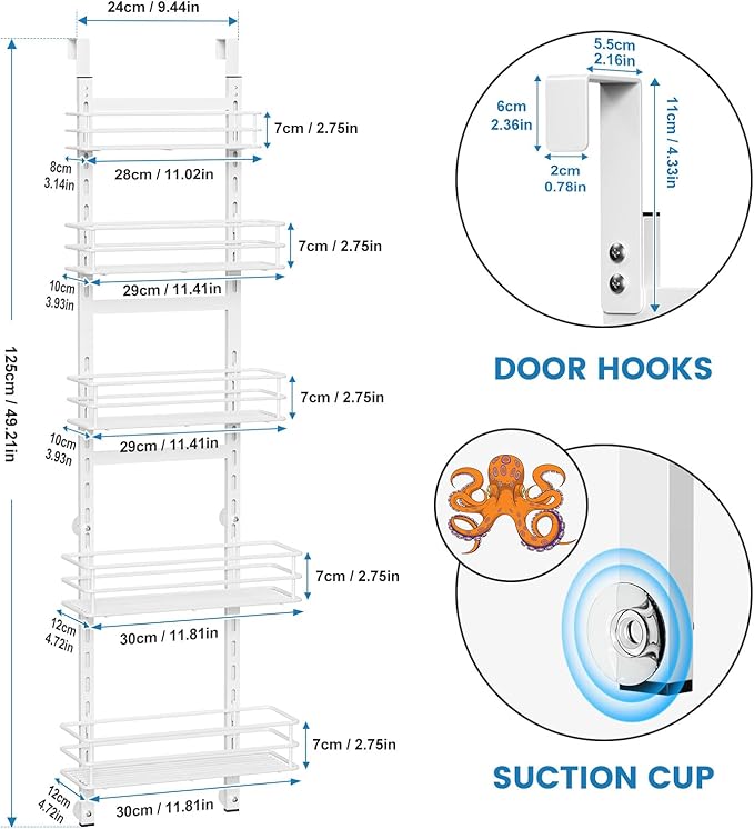 Purdaz Adjustable 5-Tier Over the Door Pantry Organizer, Spice Rack, Narrow Hanging Shelf for Kitchen Storage and Organization (White)