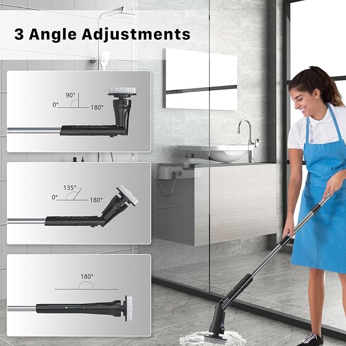 Electric Spin Scrubber, Hillyfe Bathroom Scrubber Electric with 7 Replaceable Brush Heads, IPX7 Waterproof,300/400 RPM, 3 Adjustable Length,Scrubber Brush Electric for Bathtub Floor,Black