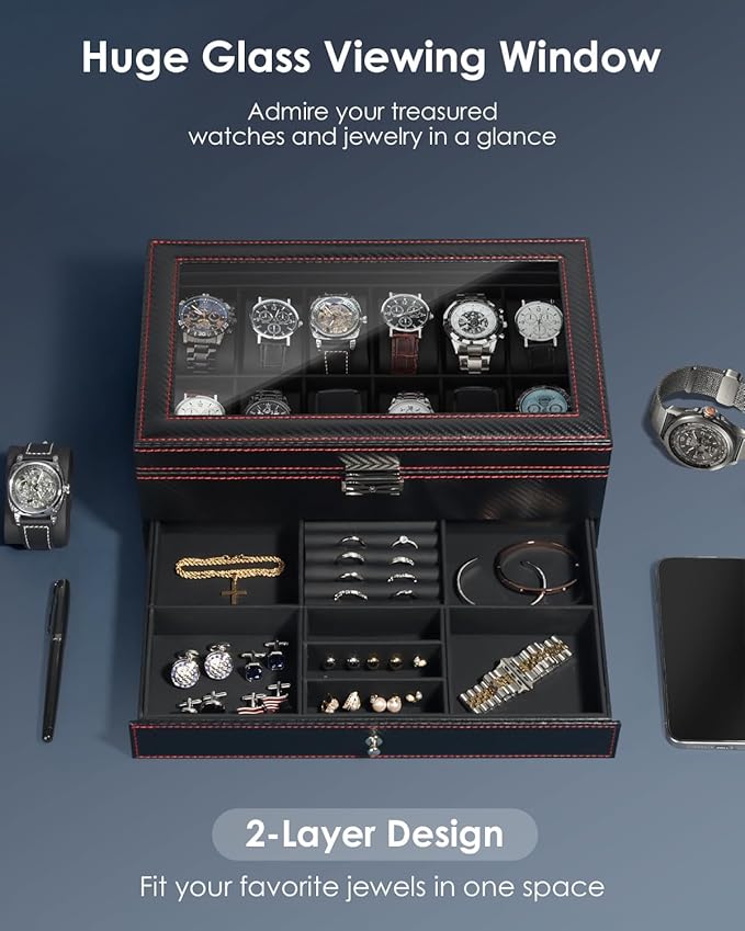 Kukikan Watch Box Jewelry Organizer, 12-Slot 2-Layer Watch Case Storage with Large Glass Lid, Watch Storage Case for Men with Lock, Watch Holder Display Case, Gift for Men Women