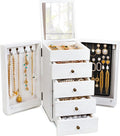 Meangood Jewelry Box Wood for Wowen, 5-Layer Large Organizer Box with Mirror & 4 Drawers for Rings, Earrings, Necklaces, White