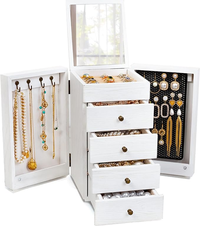 Meangood Jewelry Box Wood for Wowen, 5-Layer Large Organizer Box with Mirror & 4 Drawers for Rings, Earrings, Necklaces, White