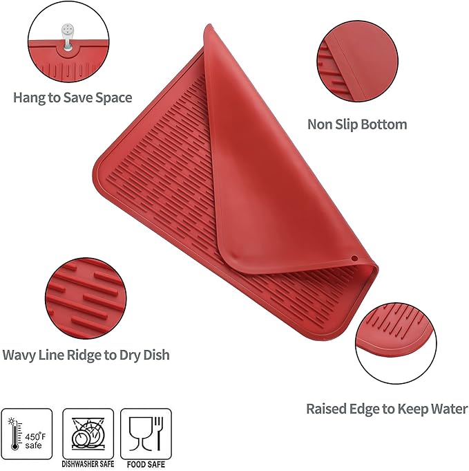 MicoYang Silicone Dish Drying Mat for Multiple Usage,Easy clean,Eco-friendly,Heat-resistant Silicone Mat for Kitchen Counter or Sink,Refrigerator or Drawer Liner Red 2XL 24 inches x 18 inches