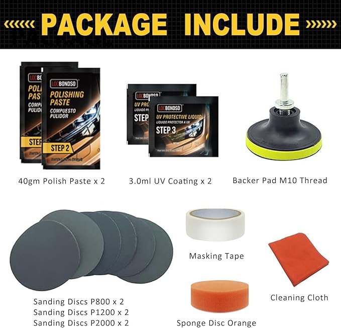 LOCBONDSO Headlight Restoration Kit, 3-Step Headlight Cleaner, Polish & Restore Yellowed, Oxidized, Cloudy Lens Back to Like-New, Includes Polishing Pastes, Sanding Discs, Protective Coating
