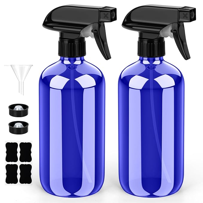 Bontip Glass Spray Bottle, Blue Glass Spray Bottle Set & Accessories Refillable for Plants Window Cleaners Aromatherapy Facial Hydration Watering Flowers Hair Care (2 Pack/8 oz) (Blue)
