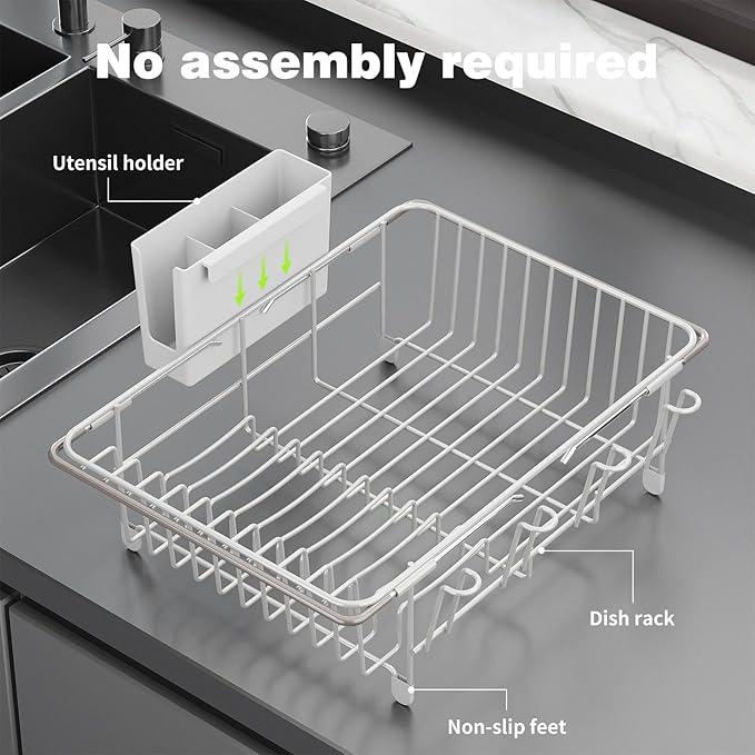 jouzevic Dish Drying Rack in Sink: Expandable, 3-Slot Utensil Holder, Anti-Slip Handle. Small Dish Rack: Ideal for Small Households. Kitchen Drying Rack: White