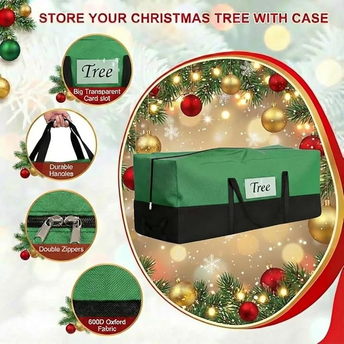 Christmas Tree Storage Bag, Fits Up 10-12 Ft Tall Artificial Trees-Heavy Duty Holiday Storage Box with Durable Reinforced Handles & Transparent Pocket- 600D Oxford Tree Storage Container, Green