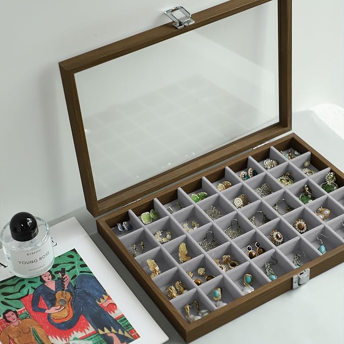 Stratalife Wood Jewelry Organizer Jewelry Tray 40 Grid Jewelry Holder Organizer Jewelry Box Jewelry Tray with Lid Earring Organizer Jewelry Storage Jewelry Trays for Drawers Vintage Style