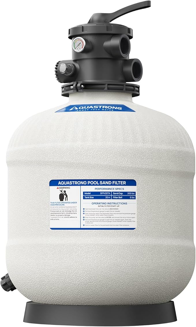 Aquastrong Sand Filter System with 6-Way Valve, Top-Mount Valve Pool Sand Filter, 20in Pool Filter Fits all Above Ground Pools and Inground Pools Up to 32000 Gallons