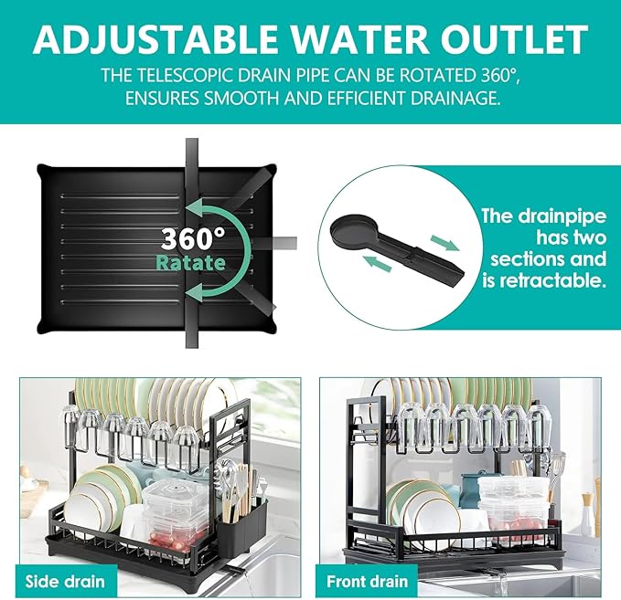 Stelive 2-Tier Dish Drying Rack for Kitchen Counter, Dish Drainer Dish/Cup/Cutlery Holder Dish Drainer Rack 2 Tier Dish Racks with Utensils Holder, Drainboard & 360° Telescopic Drain Pipe (Black)
