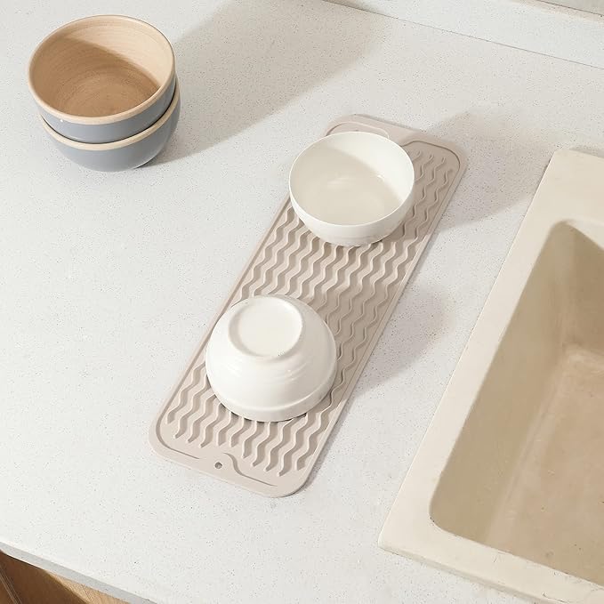 MicoYang Silicone Dish Drying Mat for Multiple Usage,Easy clean,Eco-friendly,Heat-resistant Silicone Mat for Kitchen Counter,Sink,Bar,Bottle,or Cup Tapioca M 17 inches x 6 inches
