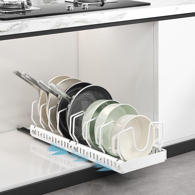 WOSHEN Pots and Pans Organizer Under Cabinet, Pull Out Pots and Pans Organizer, Expandable Sliding Lid Holder and Pan Rack for Pot Lid, Bakeware, Dishes, 10 Adjustable Dividers