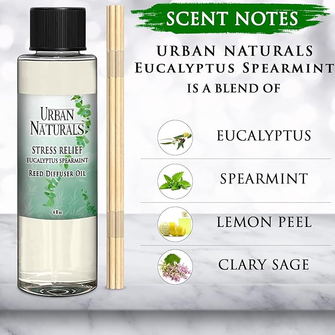 Urban Naturals Stress Relief Eucalyptus Spearmint Reed Diffuser Oil Refill | Fill Your own DIY Diffuser Bottle! Includes Replacement Reed Sticks, 4 oz (2 Pack)