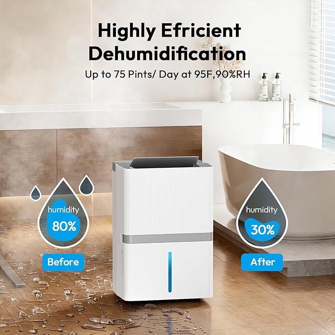 HUMILABS 5000 Sq.Ft Dehumidifier for Basement and Home, 75 Pints Most Efficient Energy Star 2025 Dehumidifier with Drain Hose, Smart Humidity Control, 24H-Timer, for Bedroom, Bathroom, Large Room