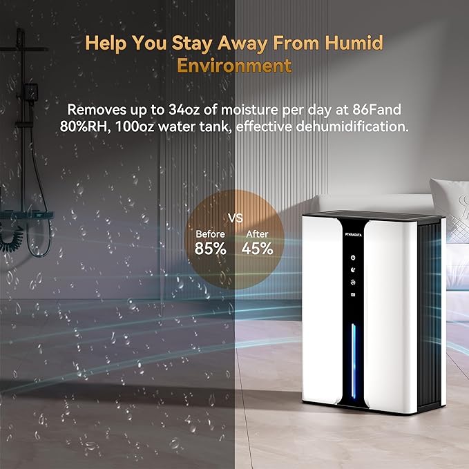 PTHRAOUTA Home Dehumidifier with Drain Hose, (950 sq.ft) 95oz Quiet dehumidifier for Bedroom Bathroom, with Air Reusable Filter Indoor deshumidificador for Basement RV Closet