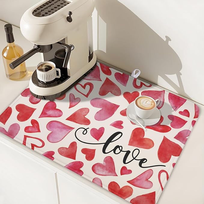 ABSOP Valentine's Day Dish Drying Mat 18 x 24 Inch Heart Shaped Dish Drying Pad Absorbent Microfiber Mats for Red and Pink Dish Rack Pad for Kitchen Counter Coffee Bar Decor