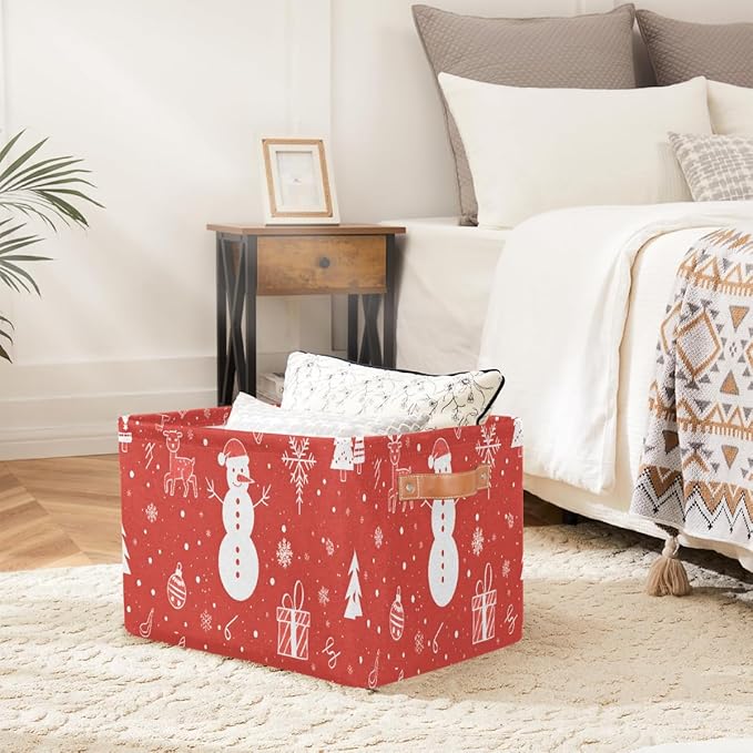 Storage Baskets Bin, Christmas Winter Snowman Collapsible Canvas Fabric Storage Bin Decorative Baskets Toy Organizer Rectangle Storage Boxes with Handles for Home Shelves Nursery, J-024