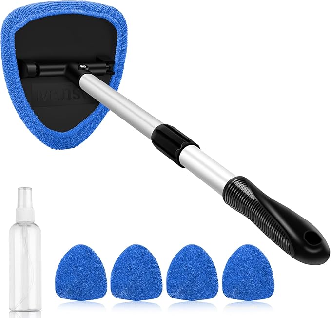 AstroAI Windshield Cleaner Tool, Car Interior Detailing Cleaning Kit with Extendable Handle and 4 Upgraded High-Density Reusable Microfiber Pads, Auto Glass Wiper Brush Kit for Cars, Blue, 15.9in-21in