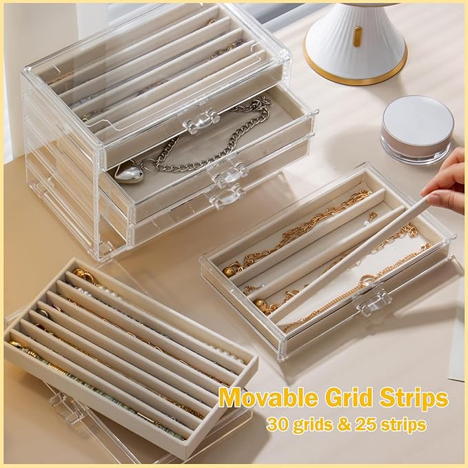 Necklace Organizer Box with 5 Drawers 30 Compartments, Dustproof Velvet Necklace Display Tray, Acrylic Necklaces Display Case, Pendant Chains Necklace Storage Tray Gift for Women and Girls (Beige)