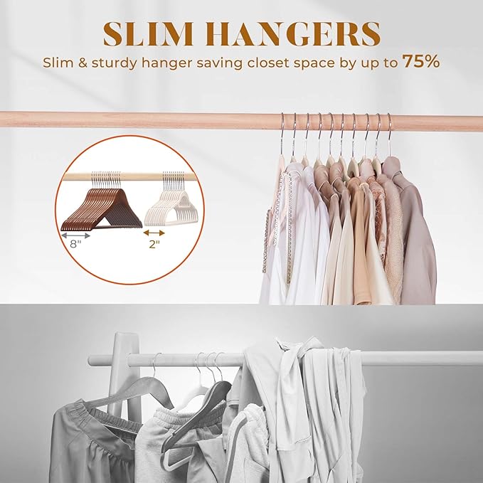 HOUSE DAY Velvet Hangers with Tie Bar 20 Pack Ivory, Clothes Hanger Non-Slip, Space Saving Felt Hangers for Pants, Coat, Suits, Shirt, Scarf, No Hanger Marks