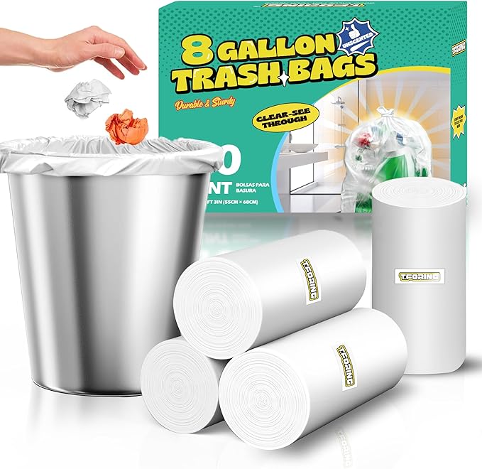 T.FORING 120 Count 8 Gallon Trash Bags Unscented - Thick Clear Medium Garbage bags, 30 Liter Strong Plastic Wastebasket Can Liners for Kitchen Home Bathroom Office