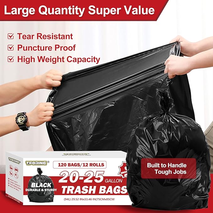 T.FORING Black Trash Bags 20-25 Gallon 120 Count - 30" x 33" Large Kitchen Garbage Bags, 20+ Gallon Trash Can Liners Unscented, Multipurpose for Home, Office, Daily Household Use