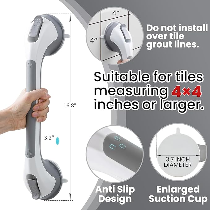 TAILI Shower Grab Bar Glow in The Dark, 2 Pack 16.8 in Grab Bars for Bathtubs and Showers,Shower Handles Shower Rails for Seniors and Elderly,Bathroom Safety Grip Removable No Drilling Waterproof Grey