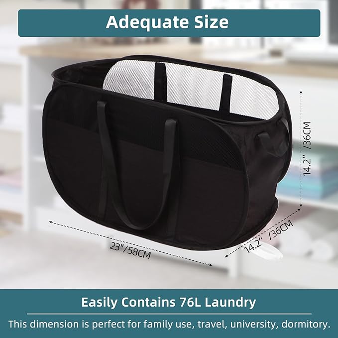 2 Pcs Collapsible Laundry Baskets, Tear Proof Pop Up Laundry Hamper with Dual Handles, Durable Foldable Laundry Basket, Easy to Carry Laundry Hamper for Home, Laundry Room, Bedroom, Dorm, Travel Black