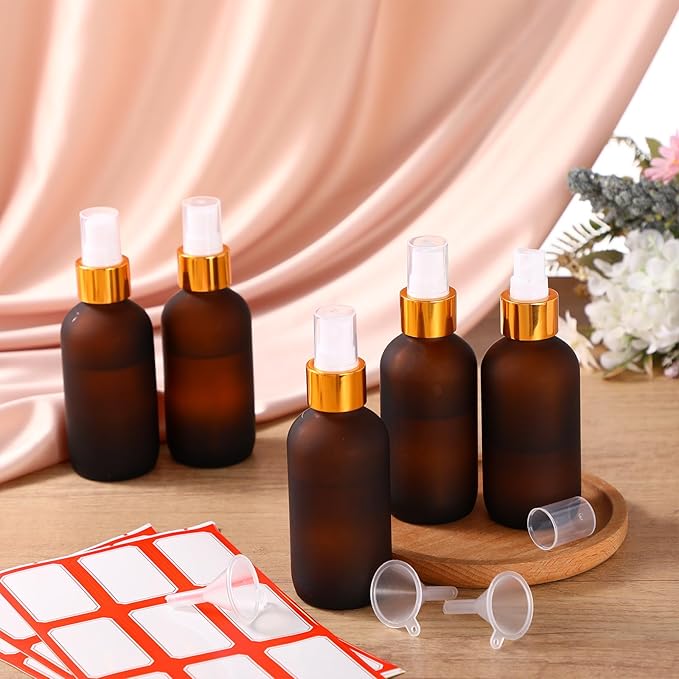 Fumete 36 Pcs Glass Spray Bottles 4oz Fine Mist Glass Spray Bottle Refillable Liquid Containers with 6 Labels 6 Funnel for Hair Travel Plants Cleaning Solutions Skin Care(Amber,Frosted)