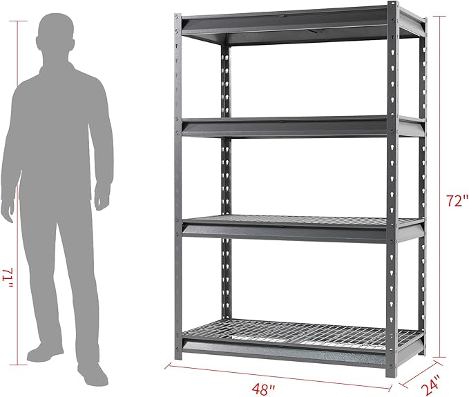 Shuntong The Atlas 48" W Heavy Duty Garage Shelving Unit Load 12000 Lbs, 4-Tier Metal Shelves for Storage, Adjustable All Steel Industrial Shelf, 48" W x 24" D x 72" H, Grey